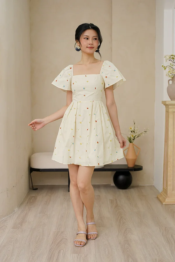 Cherry Crush Motifs Pleated Broderie Dress Ecru