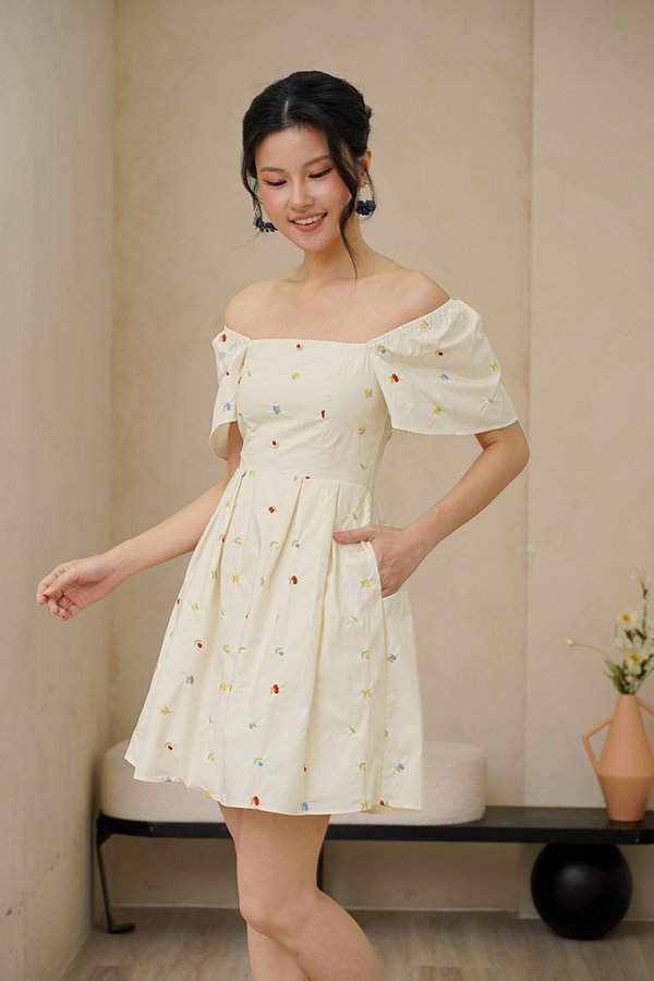 Cherry Crush Motifs Pleated Broderie Dress Ecru