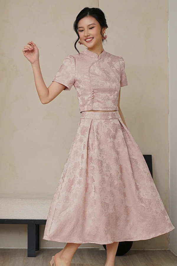 Petals, Poise, Prosper Structured Pleated Midi Skirt Pink