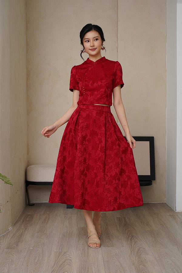 Petals, Poise, Prosper Structured Pleated Midi Skirt Burgundy Red