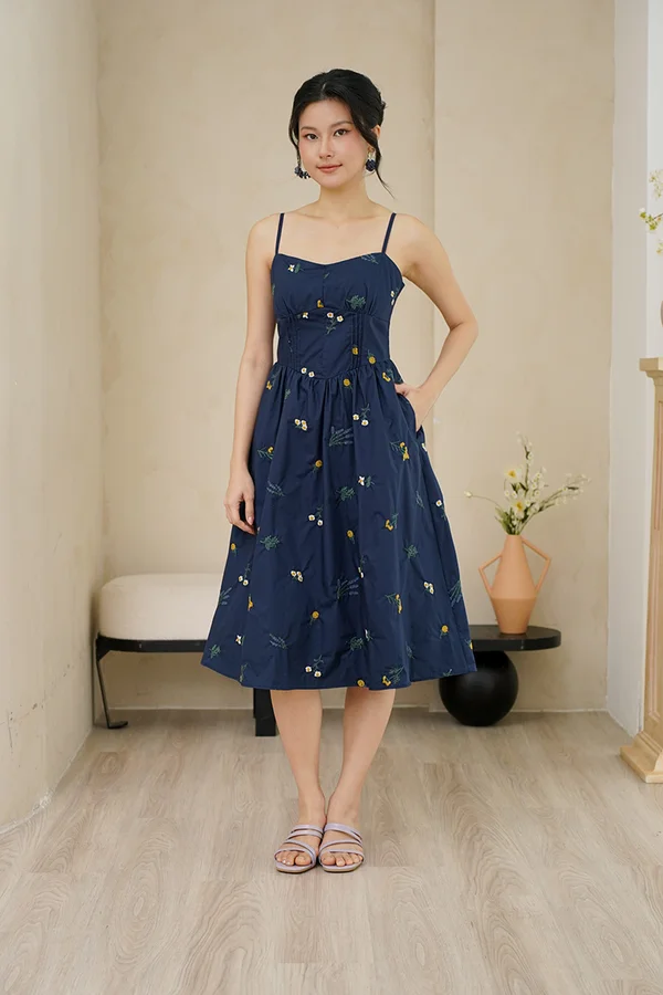 Lavender Marigold Daisy Padded Broderie Midi Dress Navy Blue