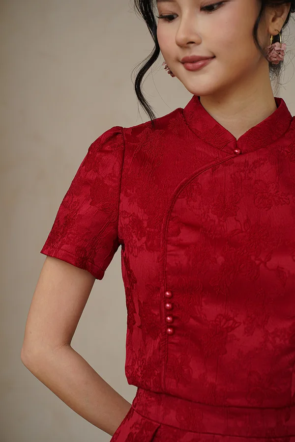 Petals, Poise, Prosper Jacquard Top Burgundy Red