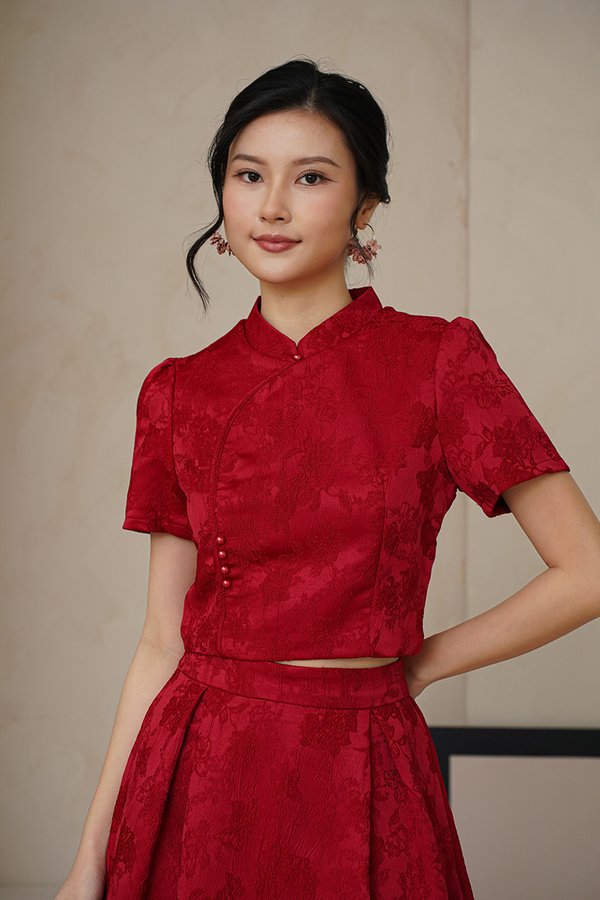 Petals, Poise, Prosper Jacquard Top Burgundy Red