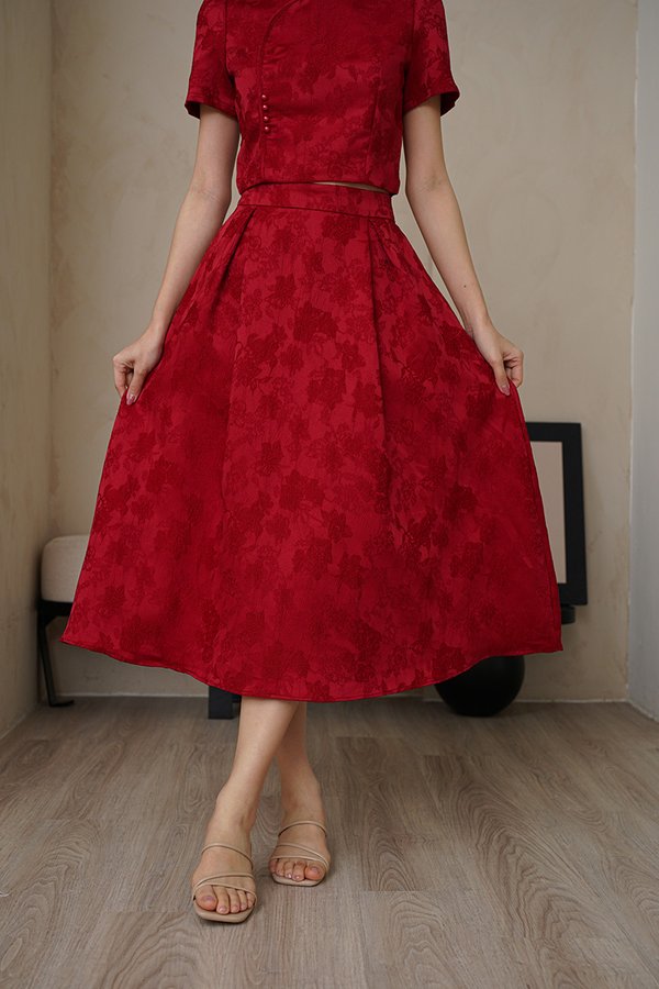 Petals, Poise, Prosper Structured Pleated Midi Skirt Burgundy Red