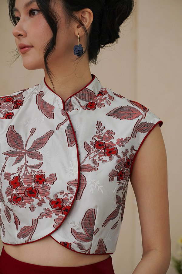 Peony Posh Porcelain Chinoiserie Button Vest Top Burgundy Red