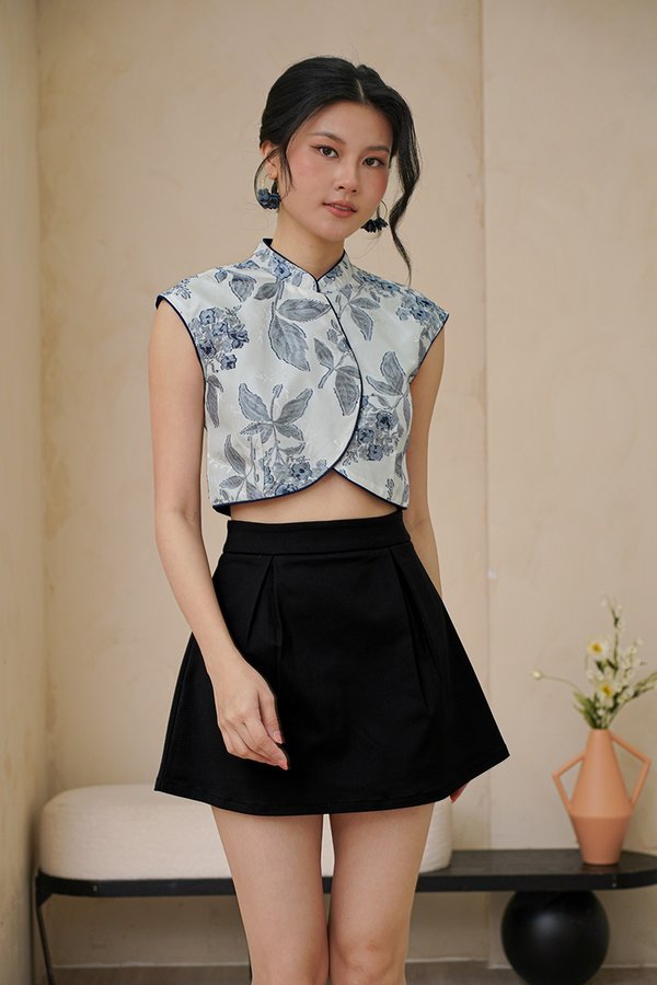 Peony Posh Porcelain Chinoiserie Button Vest Top Navy Blue