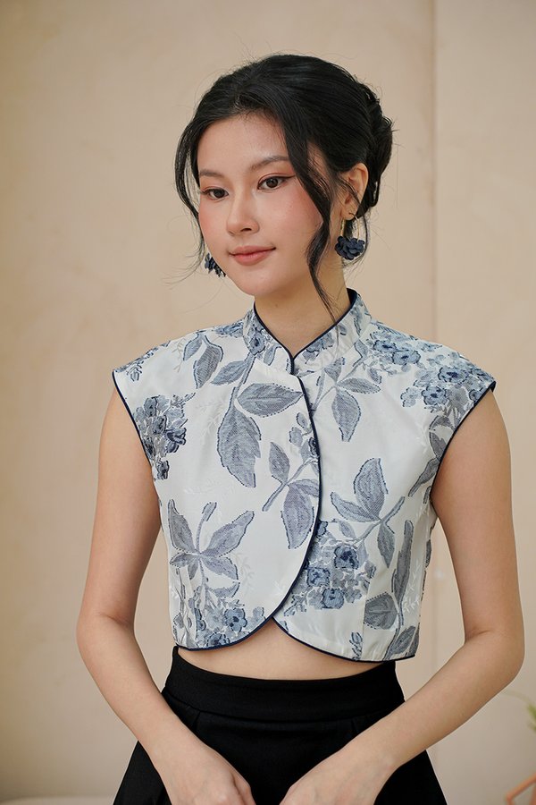 Peony Posh Porcelain Chinoiserie Button Vest Top Navy Blue