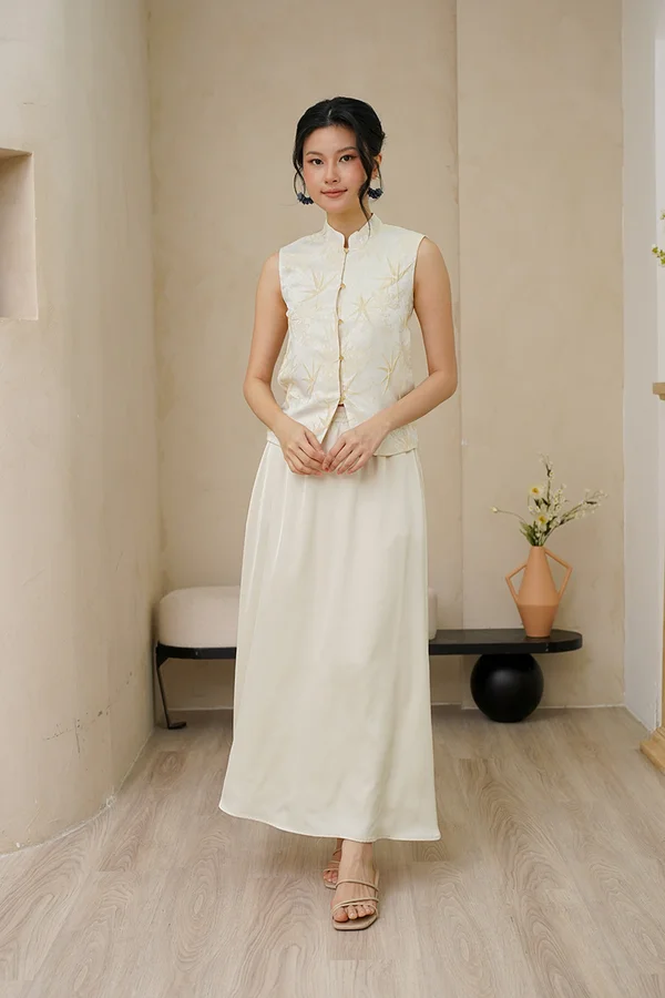 Bamboo Leaf Toile Silk Embroidered Vest Hanfu Champagne Cream
