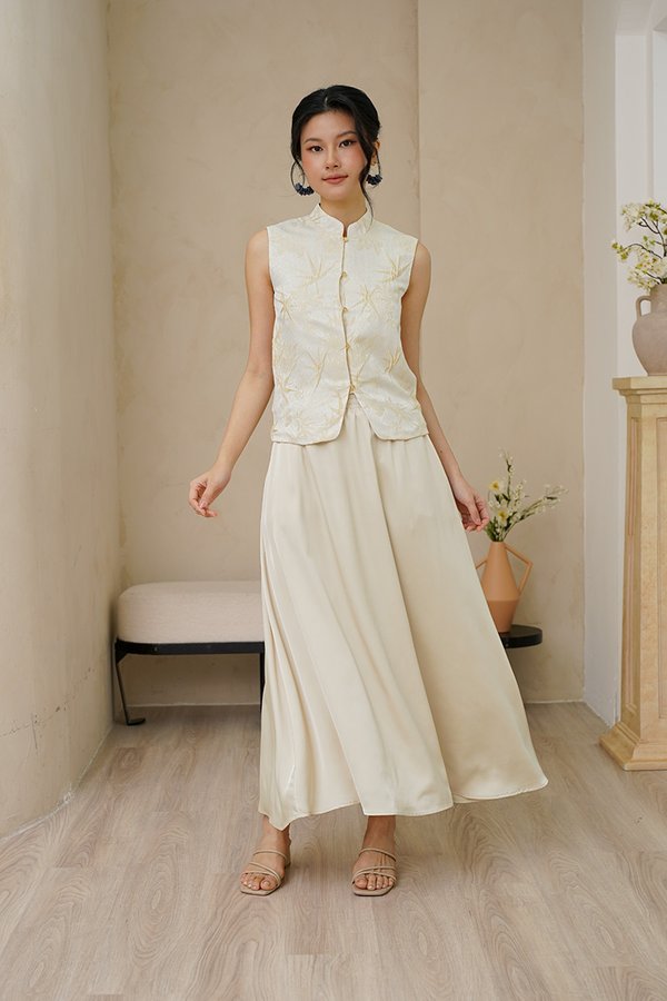 Bamboo Leaf Toile Satin Silk Maxi Skirt Champagne Cream