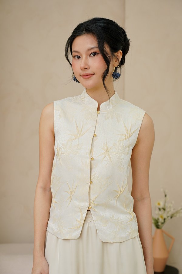 Bamboo Leaf Toile Silk Embroidered Vest Hanfu Champagne Cream
