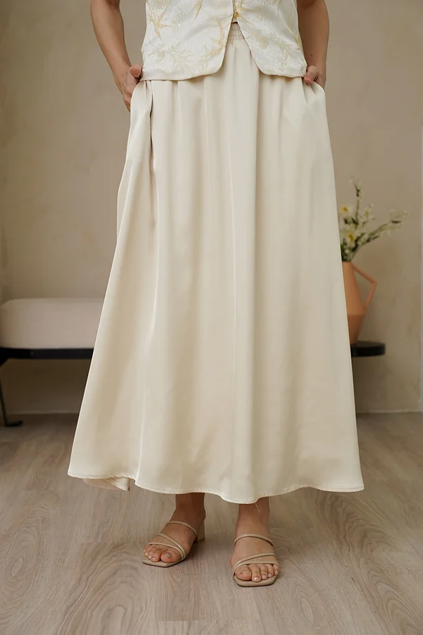 Bamboo Leaf Toile Satin Silk Maxi Skirt Champagne Cream
