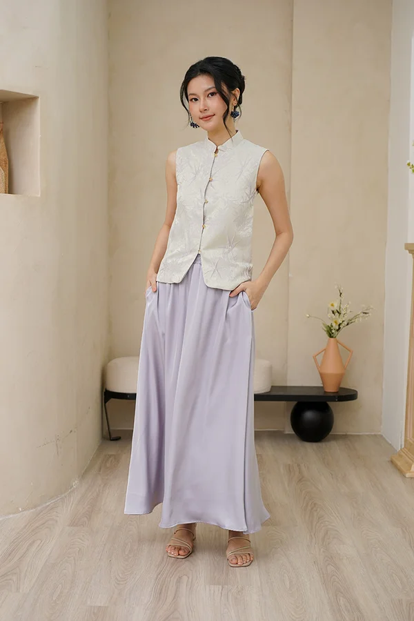 Bamboo Leaf Toile Satin Silk Maxi Skirt Lilac