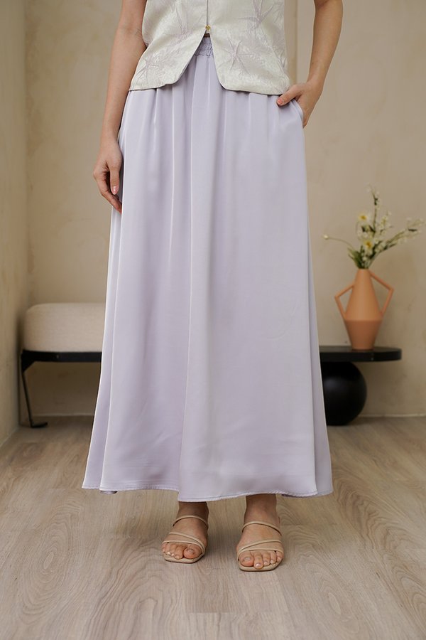 Bamboo Leaf Toile Satin Silk Maxi Skirt Lilac