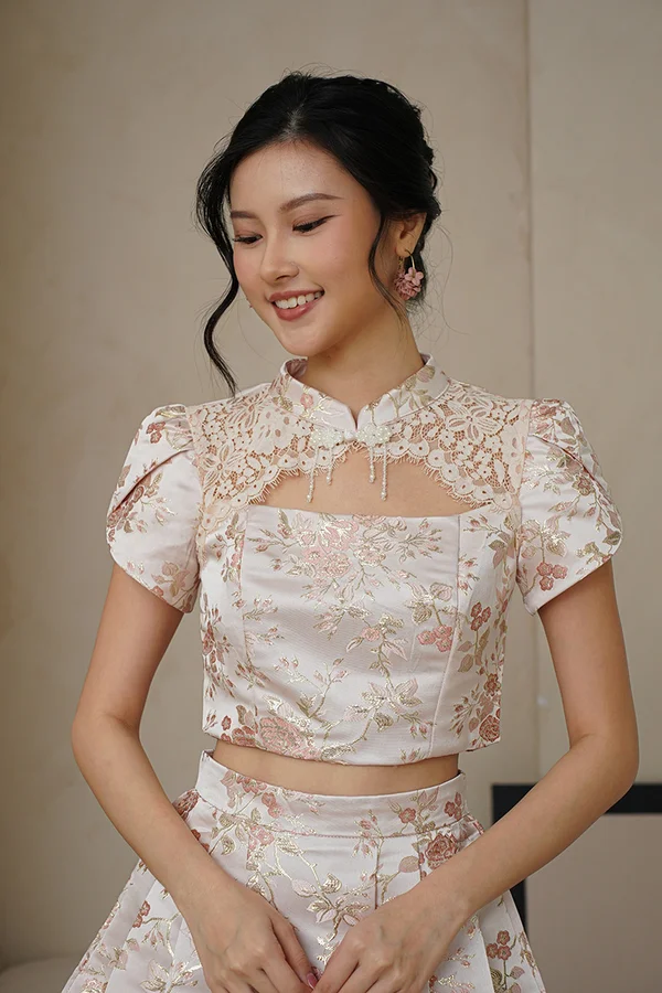 Fleeting Gilded Moments Lace Cheongsam Top Blush