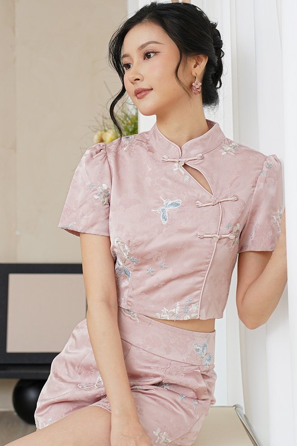 Butterflies Abound Silk Embroidered Oriental Top Pink