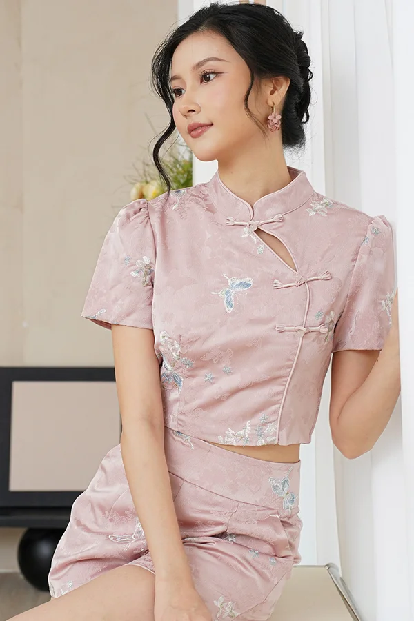 Butterflies Abound Silk Embroidered Oriental Top Pink