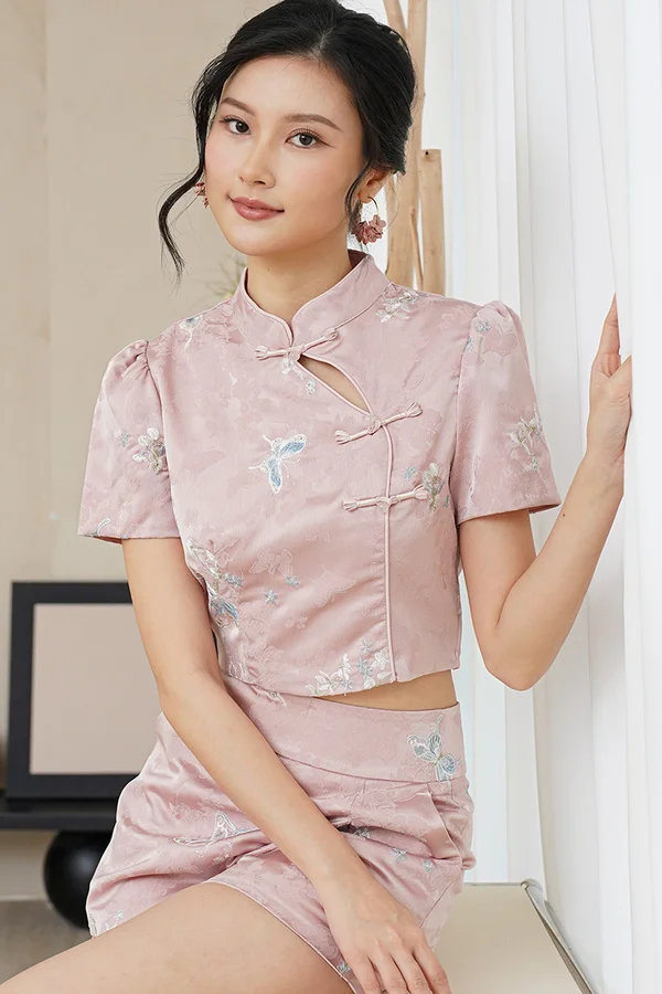 Butterflies Abound Silk Embroidered Oriental Top Pink