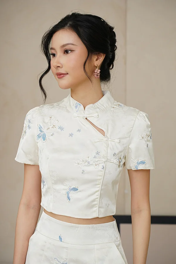 Butterflies Abound Silk Embroidered Oriental Top White