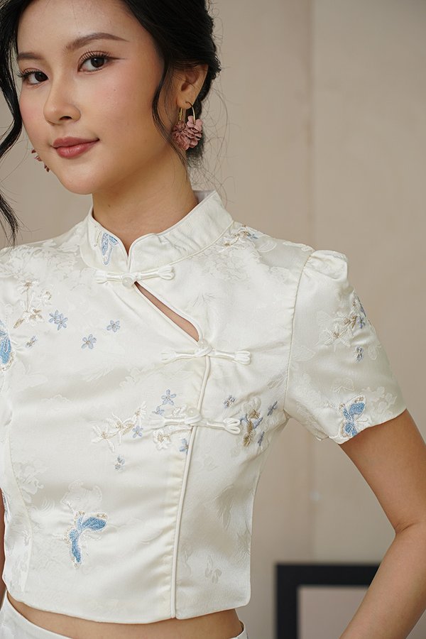 Butterflies Abound Silk Embroidered Oriental Top White