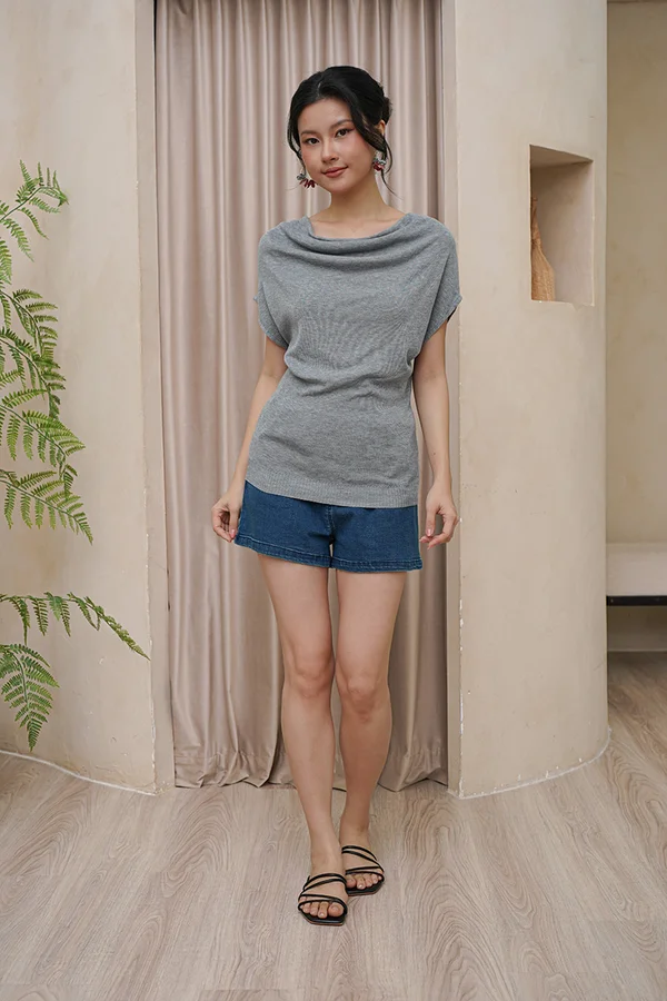 Loosely Held Drapes Cowl Knit Top Ash Grey