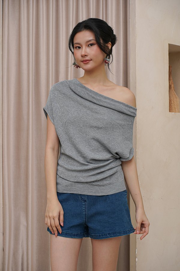 Loosely Held Drapes Cowl Knit Top Ash Grey