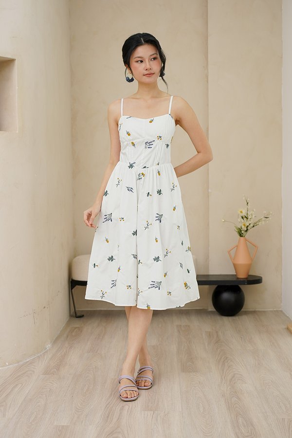 Lavender Marigold Daisy Padded Broderie Midi Dress White