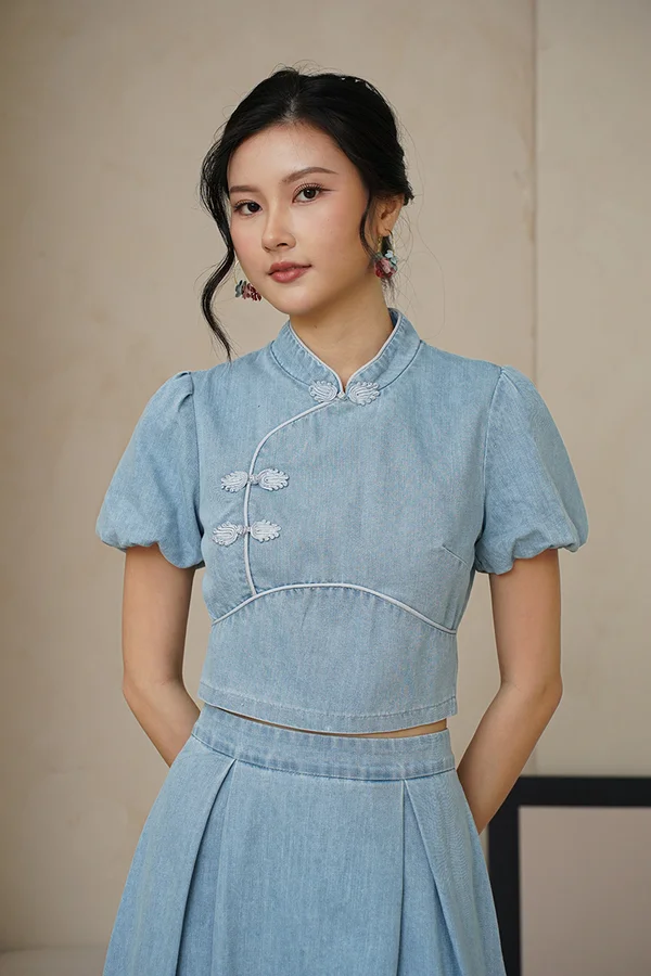 Oriental Jean Express Denim Cheongsam Top Midwash