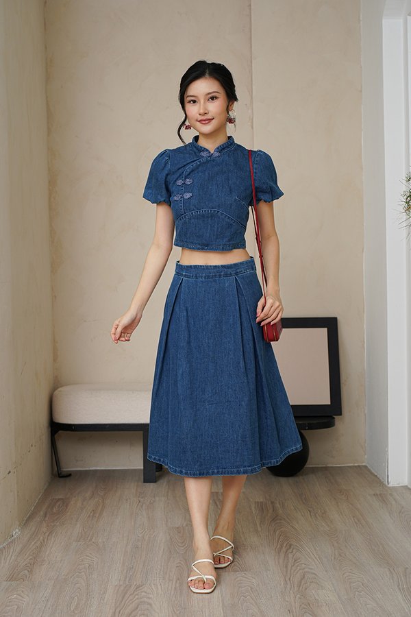 Oriental Jean Express Pleated Denim Midi Skirt Darkwash