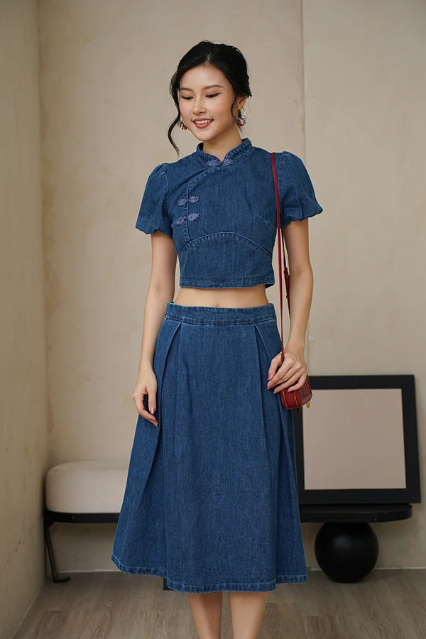 Oriental Jean Express Pleated Denim Midi Skirt Darkwash
