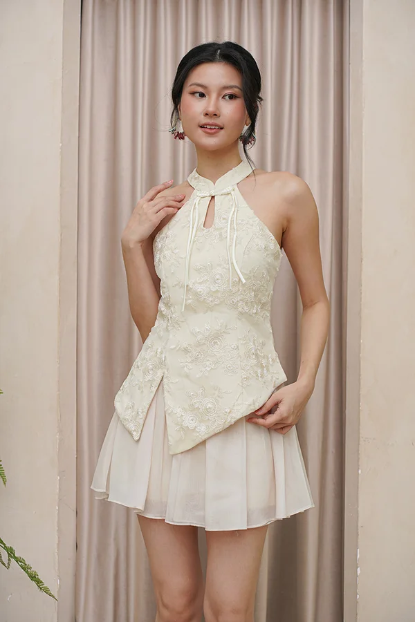 Tinkerbell Threads Broderie Floral Mesh Halter Top Champagne Cream