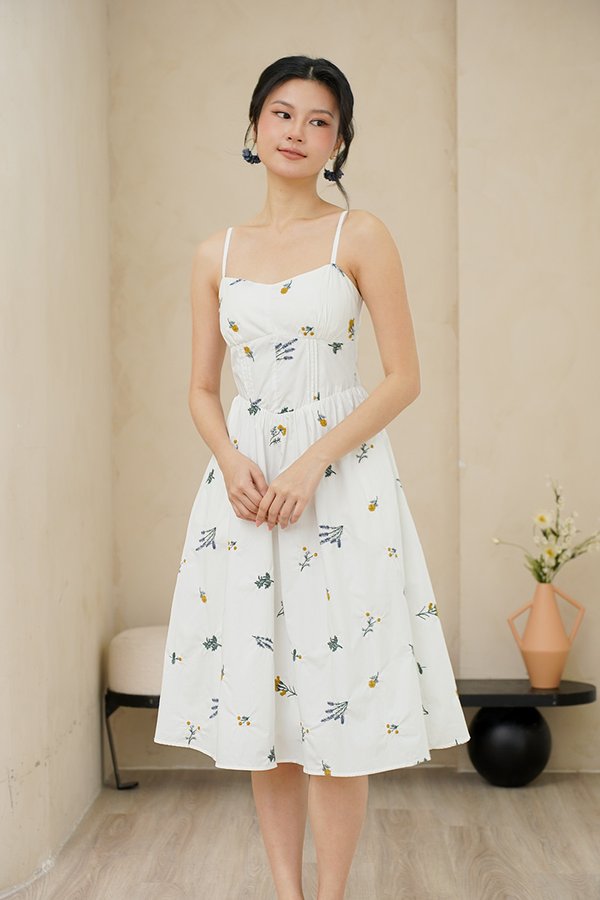 Lavender Marigold Daisy Padded Broderie Midi Dress White