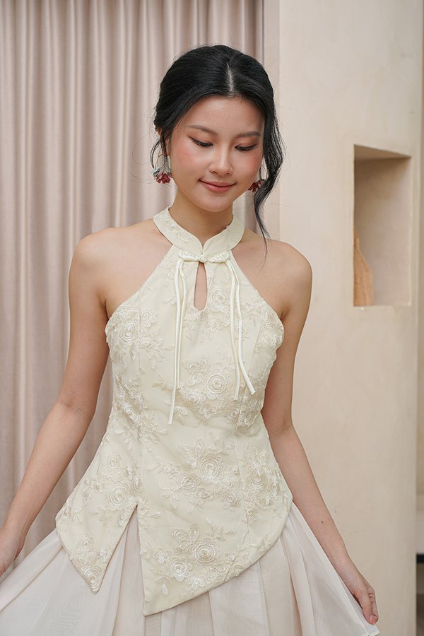 Tinkerbell Threads Broderie Floral Mesh Halter Top Champagne Cream