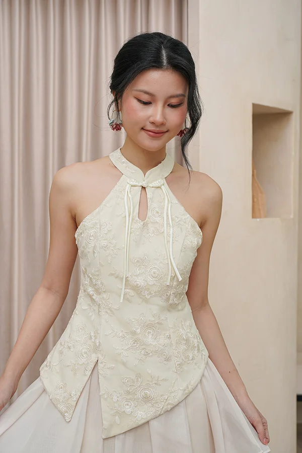 Tinkerbell Threads Broderie Floral Mesh Halter Top Champagne Cream