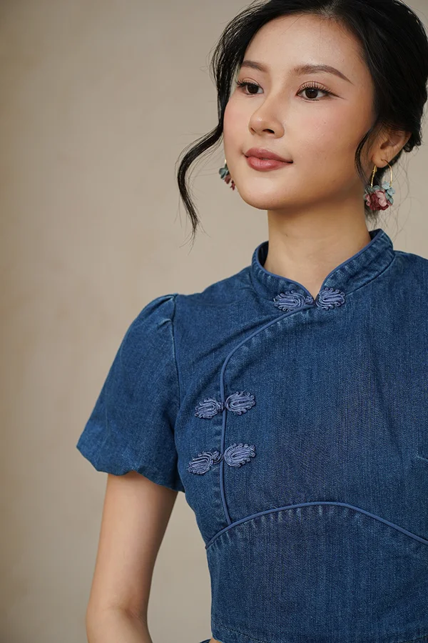 Oriental Jean Express Denim Cheongsam Top Darkwash