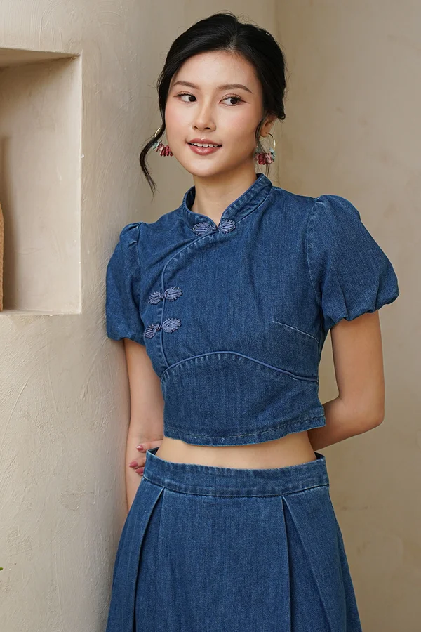 Oriental Jean Express Denim Cheongsam Top Darkwash
