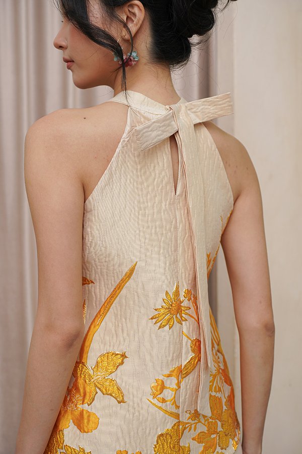 Huatly Heavenly Halter Jacquard Qipao Top Champagne Gold