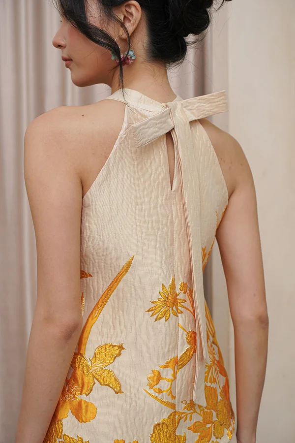 Huatly Heavenly Halter Jacquard Qipao Top Champagne Gold