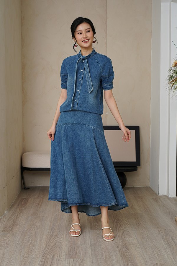 Dynamic Denim Hues Swing Midi Skirt