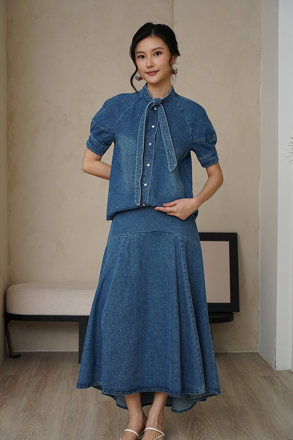 Dynamic Denim Hues Tie Shirt Blouse