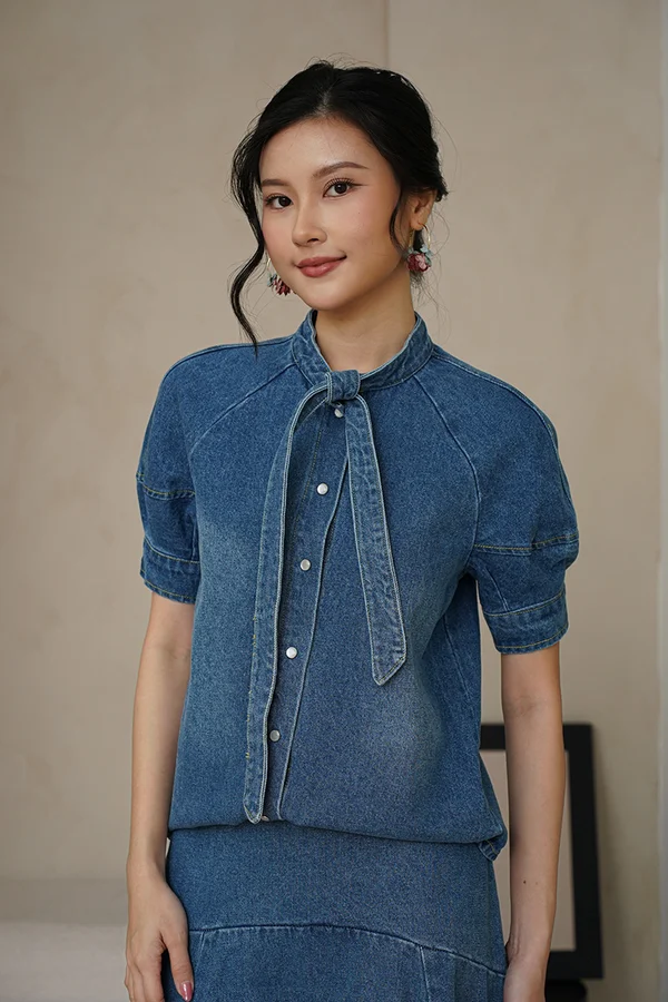 Dynamic Denim Hues Tie Shirt Blouse