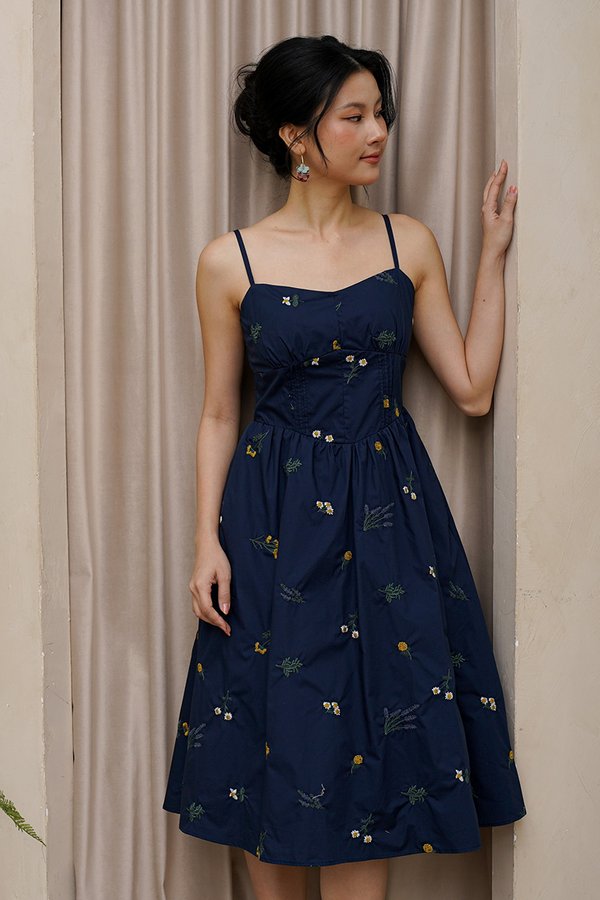 Lavender Marigold Daisy Padded Broderie Midi Dress Navy Blue