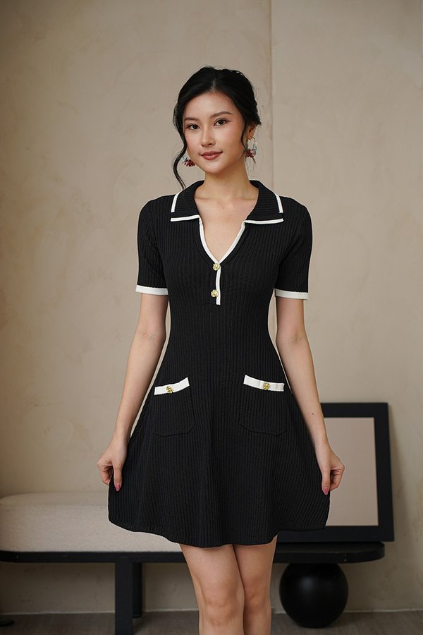 Corporate Contrast Ribbed Knit Dress Black