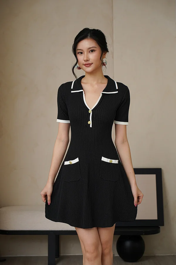 Corporate Contrast Ribbed Knit Dress Black