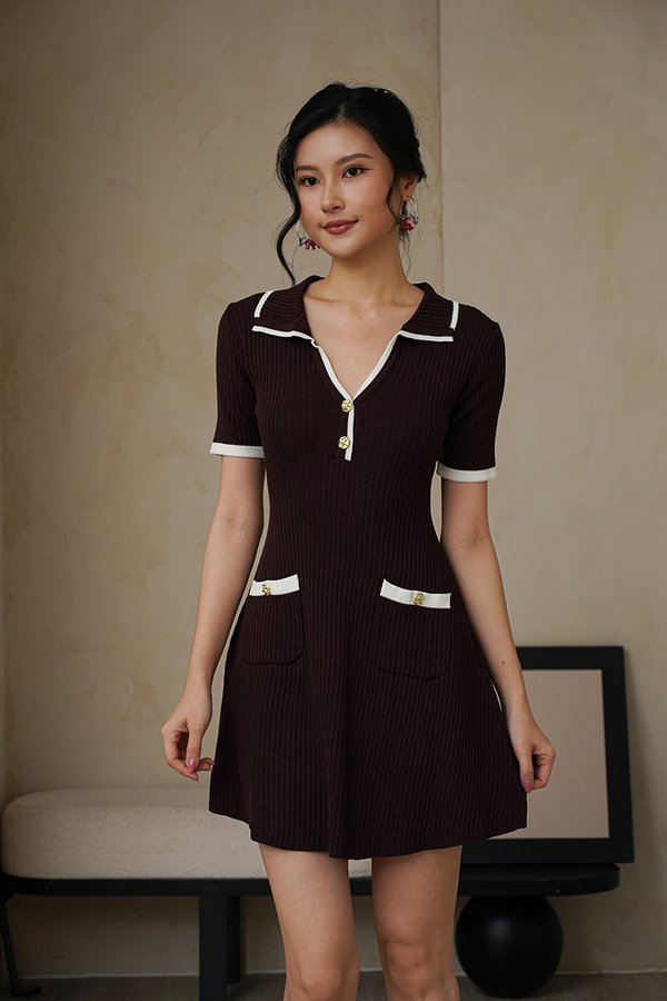 Corporate Contrast Ribbed Knit Dress Brown
