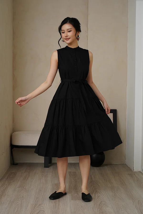 Beachcombing Blues Tier Button Shirt Dress Black