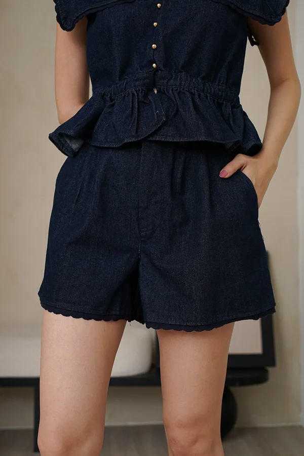 Double Down Denim Lace Trim Hem Shorts