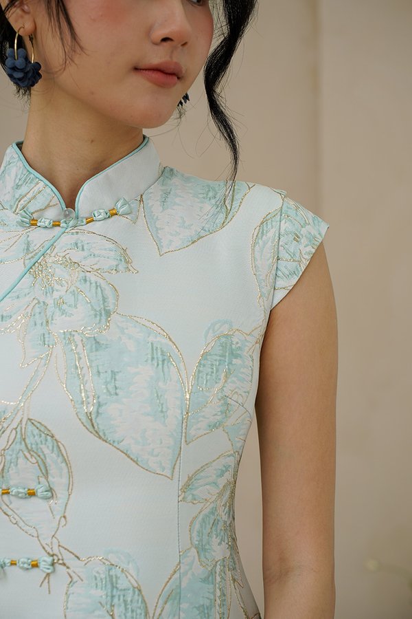 Gold Leafy Foliage Cheongsam Dress Celadon Jadeite