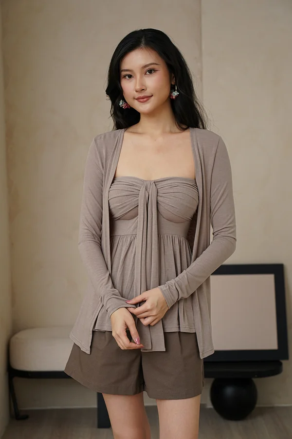 Mellowing Serenity Padded Tube Cardigan Set Taupe Grey