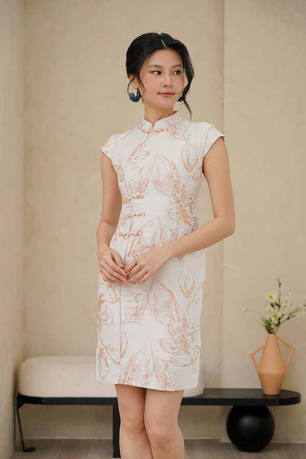 Gold Leafy Foliage Cheongsam Dress Blush