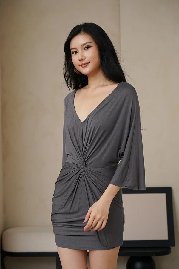 Twists and Drapes Kimono Knot Dress Grey